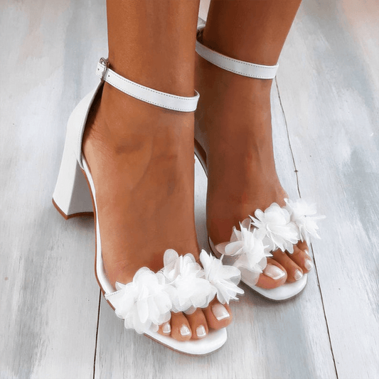 Block Heel Sandals for Women - Ankle Strap - Floral Applique Wedding Open Toe - Image 1