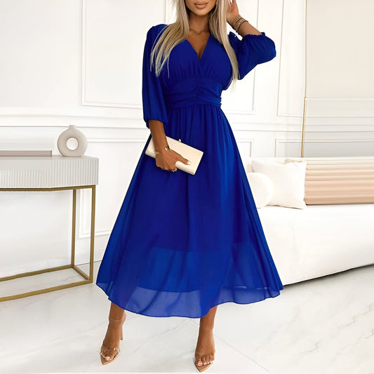 A-Line Wrap Midi Dress for women - 3/4 Sleeve V-Neck - Ruched Bodice Empire Waist - Image 1