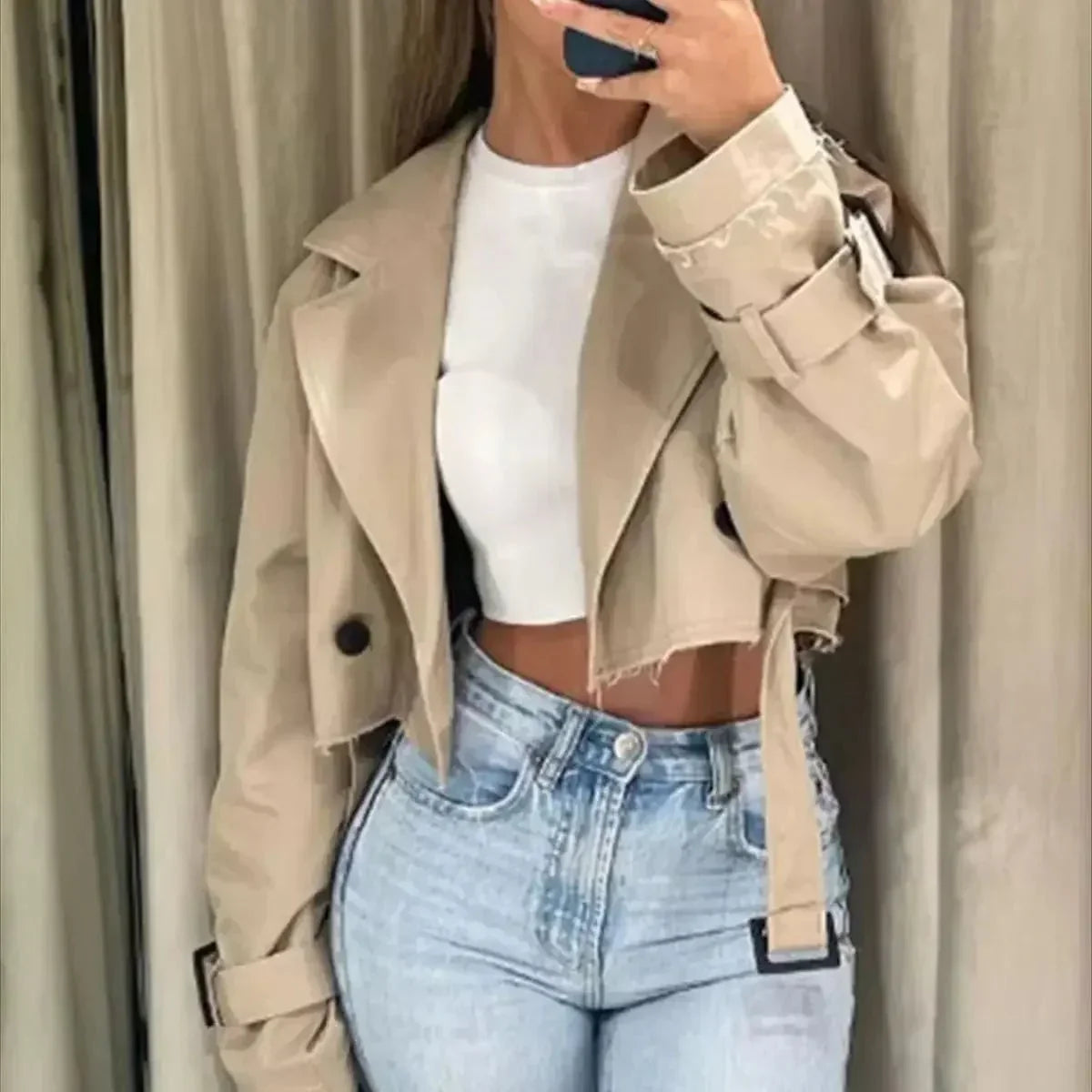 Belted Trench Coats for Women - Cropped Coat - Image 1