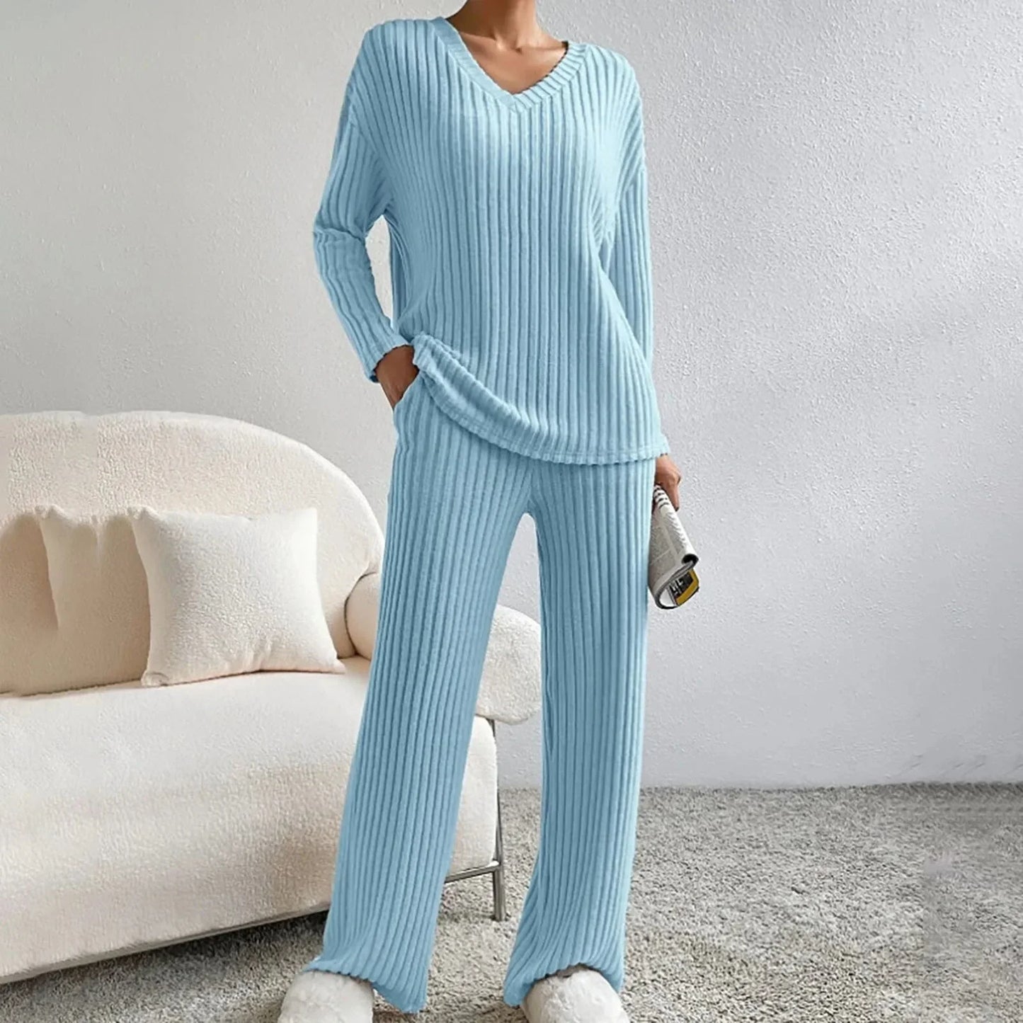 Knit Loungewear Set for Women - Wide Leg Pants - Image 14