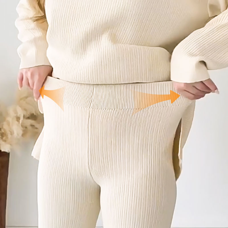 Ribbed Knit Lounge Set for Women - Side Slit - Image 2