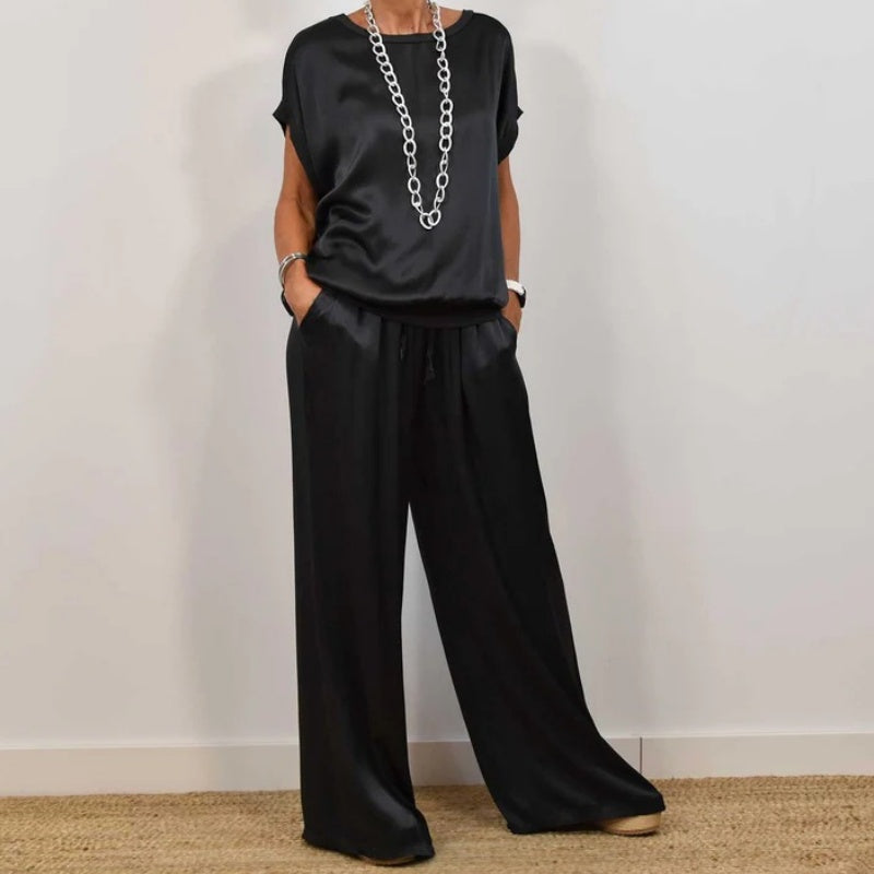 Wide Leg Pants Two-Piece Set for women - Drawstring Waist Pockets - Short Sleeve Top Relaxed Fit - Image 2