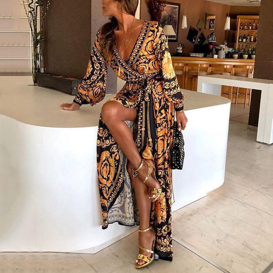 Maxi Dress for women - Long Sleeve Wrap Dress - V-Neck Thigh High Slit - Belted Boho Print - Image 1