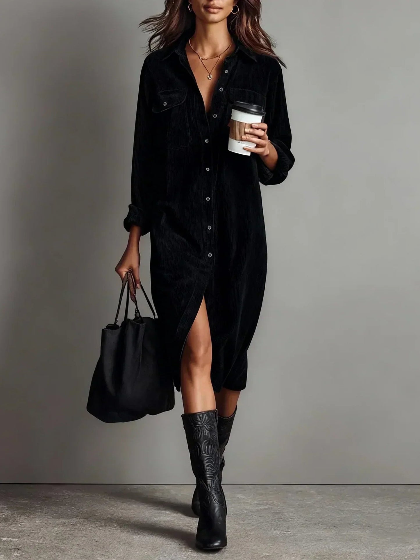 Image of Women's Long Sleeve Shirt Midi Dress