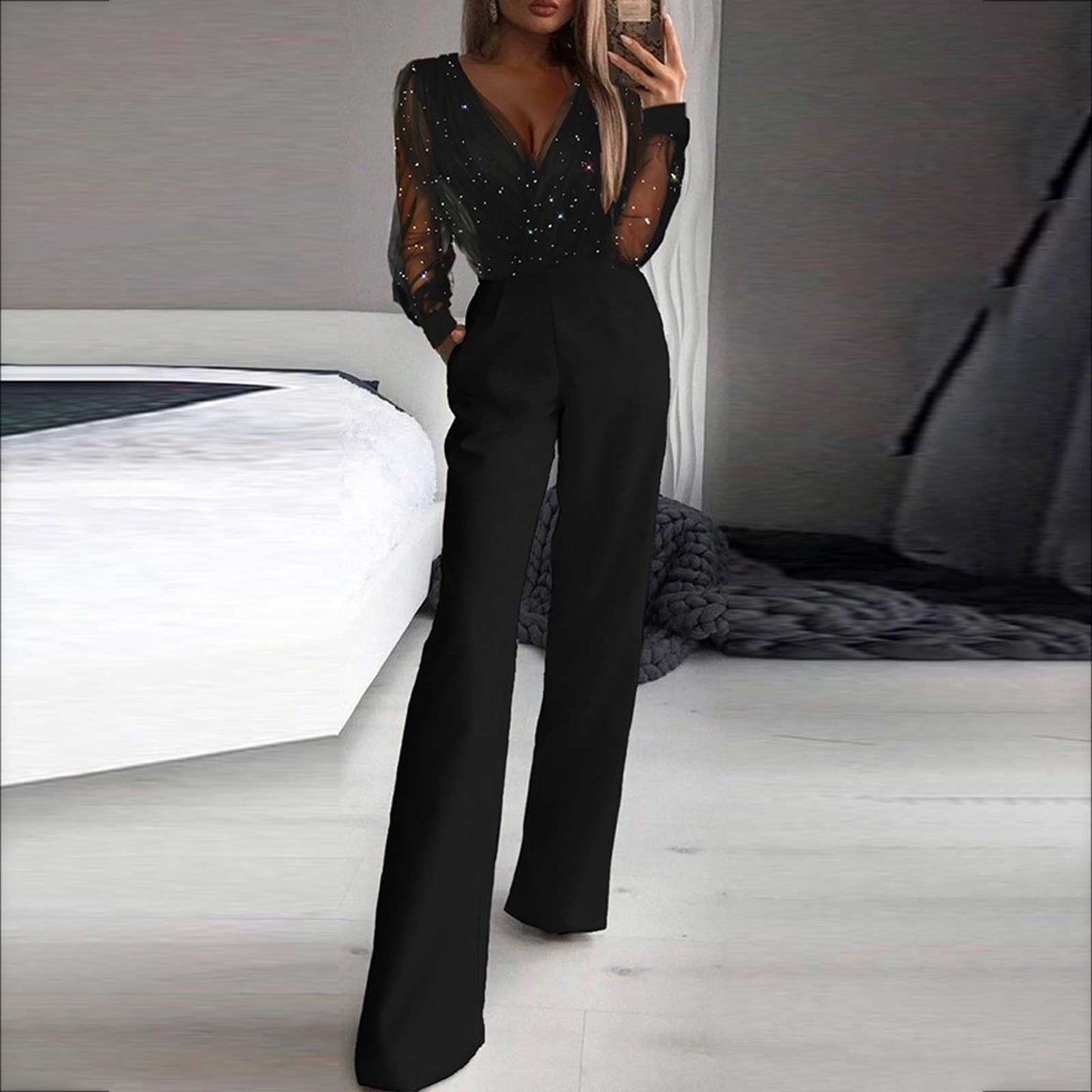 Image of Women's Long Sleeve Wide Leg Jumpsuit