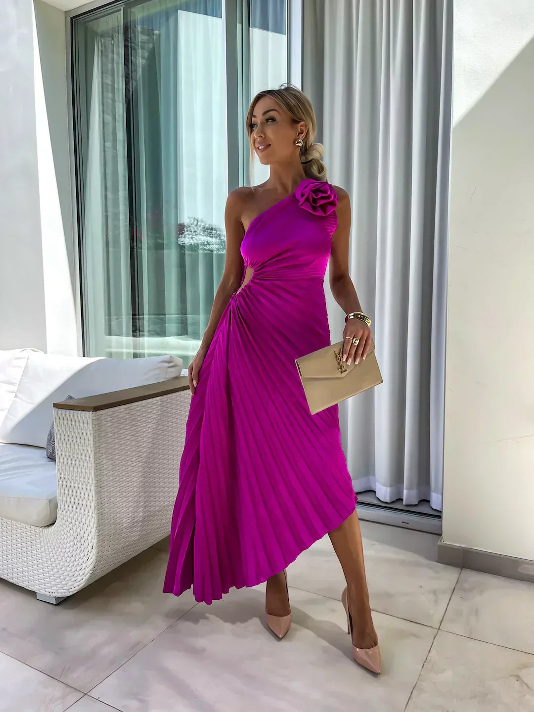 Image of Women's Pleated One Shoulder Midi Dress