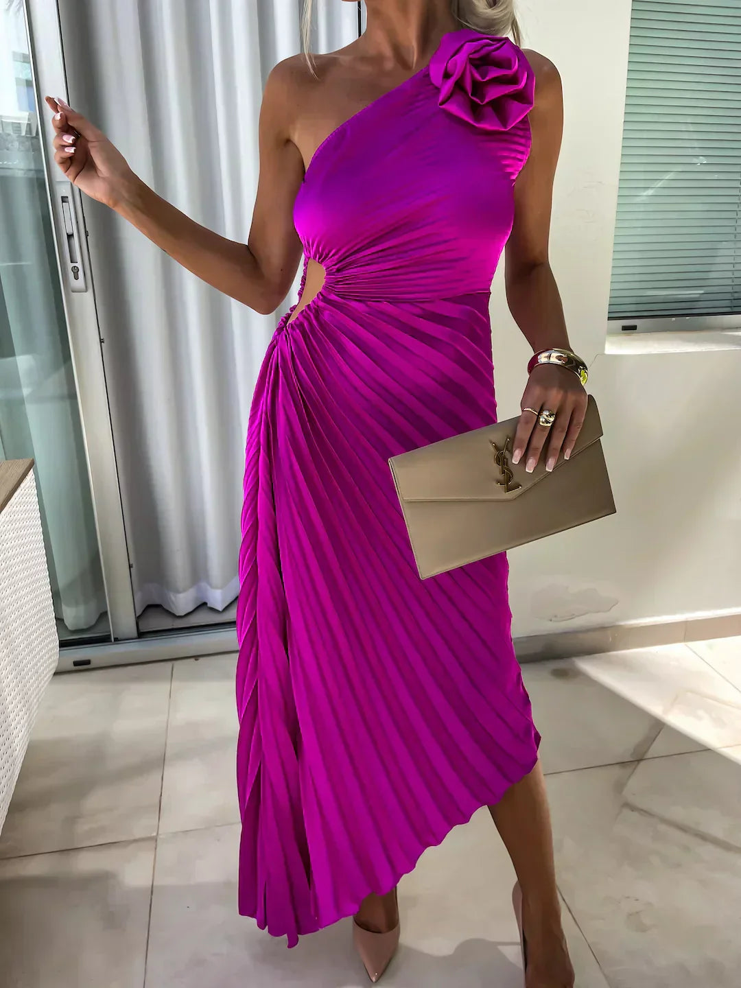 Image of Women's Pleated One Shoulder Midi Dress