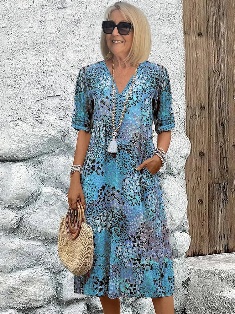 Image of Women's Printed V-Neck A-Line Midi Dress