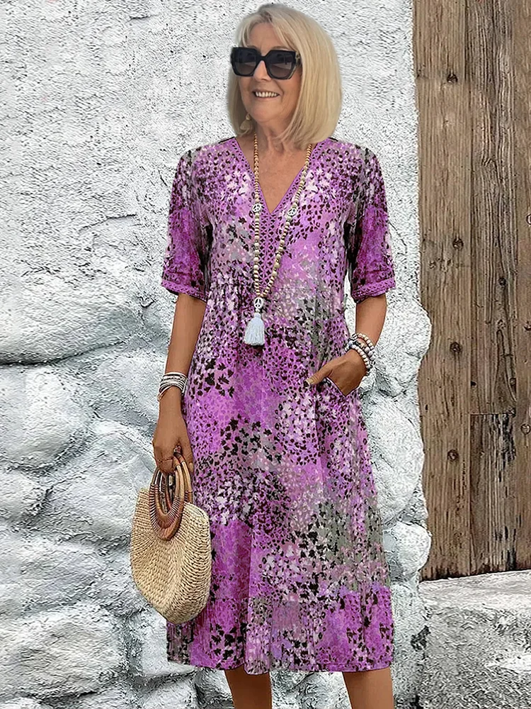 Image of Women's Printed V-Neck A-Line Midi Dress