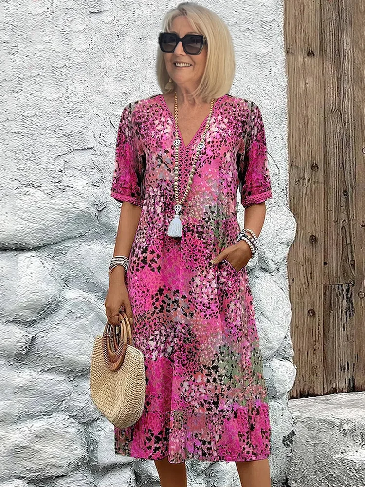 Image of Women's Printed V-Neck A-Line Midi Dress