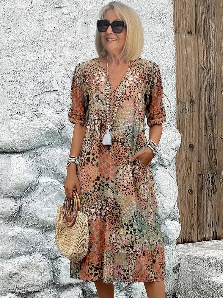 Image of Women's Printed V-Neck A-Line Midi Dress
