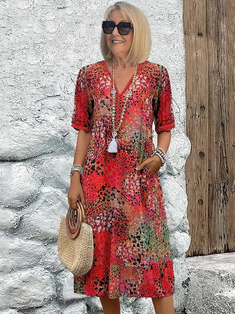 Image of Women's Printed V-Neck A-Line Midi Dress