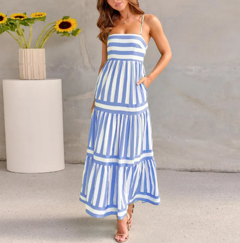 Image of Women's Striped Spaghetti Strap Maxi Dress