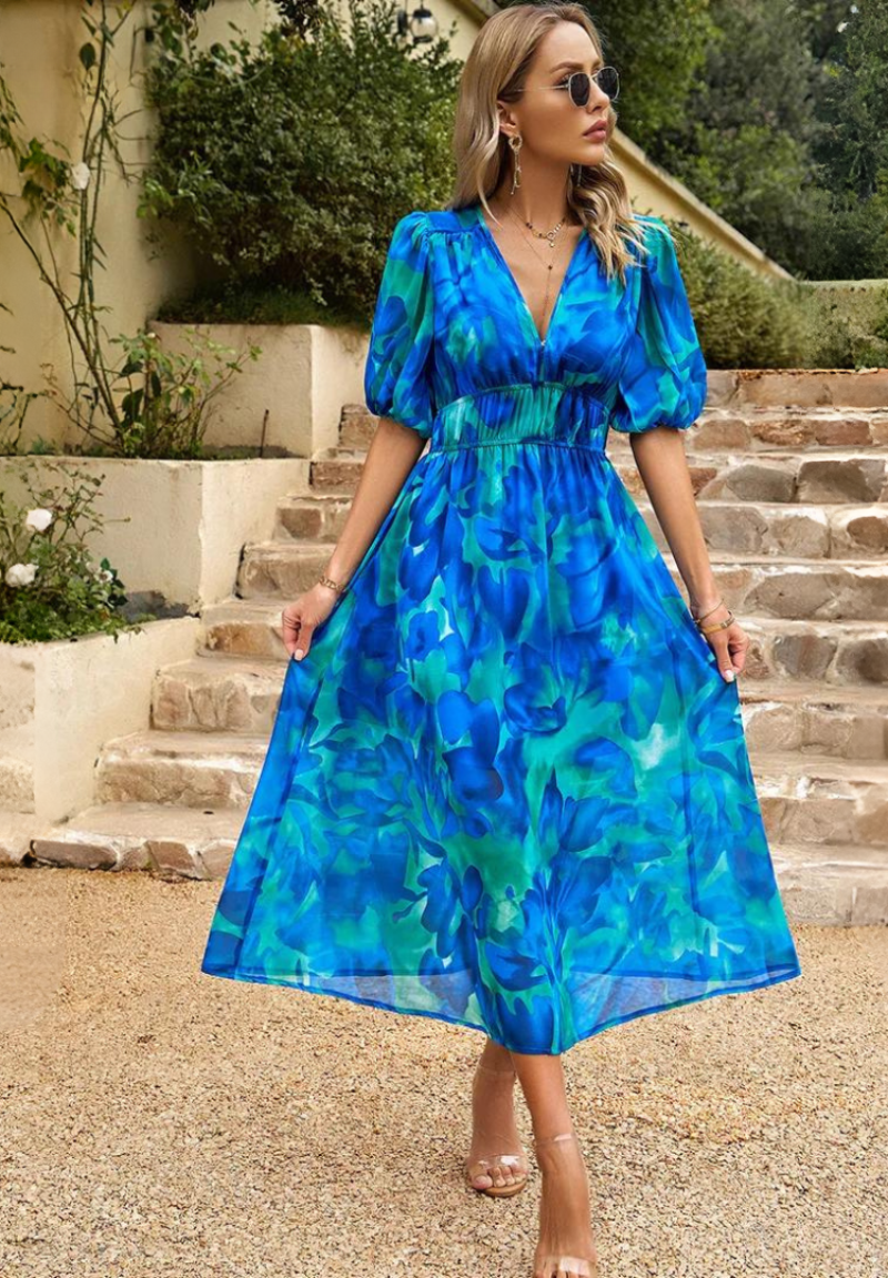 Image of Women's V-Neck Floral A-Line Midi Dress