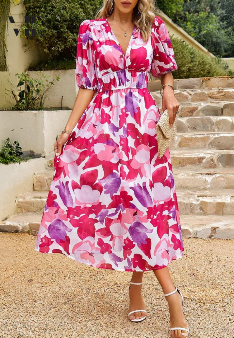 Image of Women's V-Neck Floral A-Line Midi Dress
