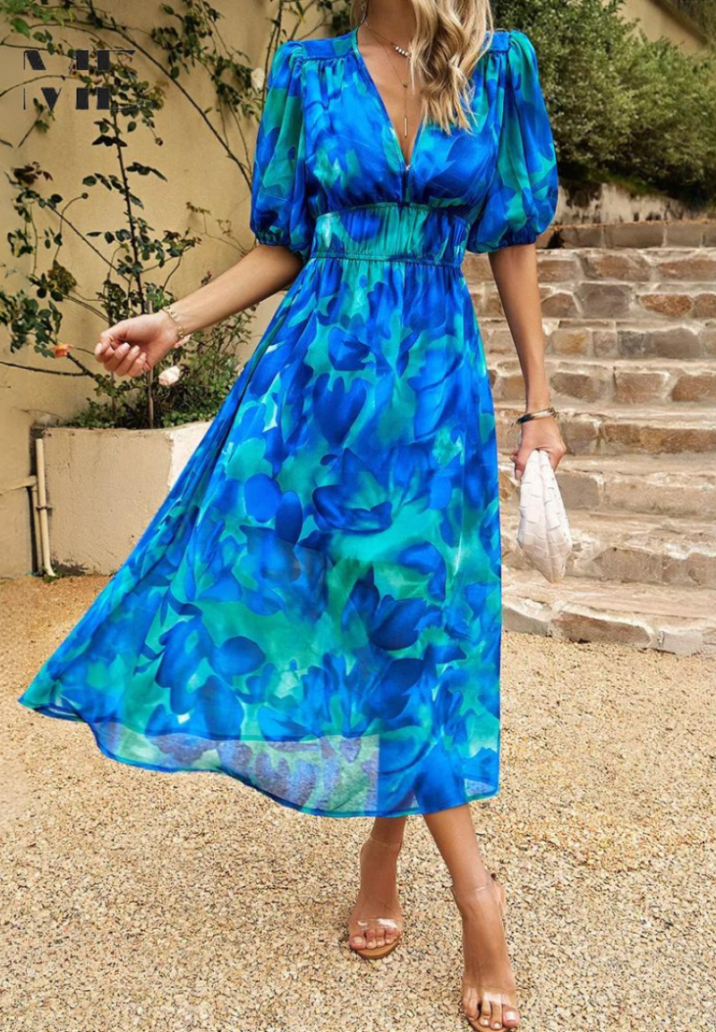 Image of Women's V-Neck Floral A-Line Midi Dress