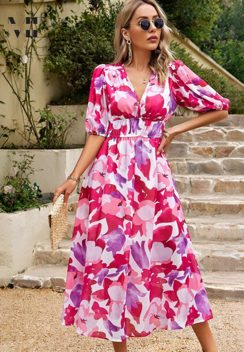 Image of Women's V-Neck Floral A-Line Midi Dress