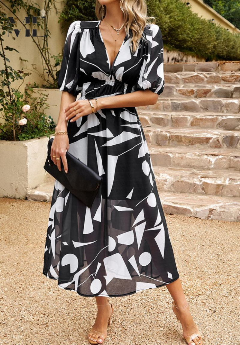 Image of Women's V-Neck Floral A-Line Midi Dress