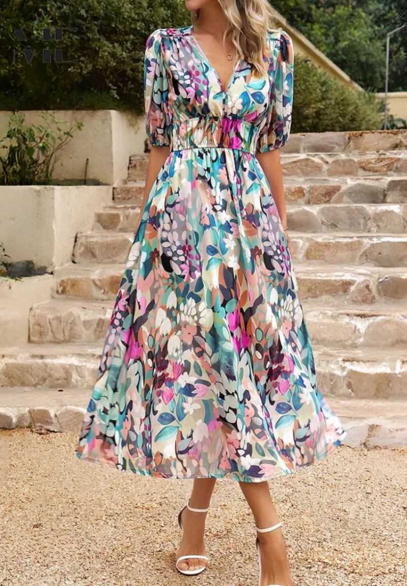 Image of Women's V-Neck Floral A-Line Midi Dress