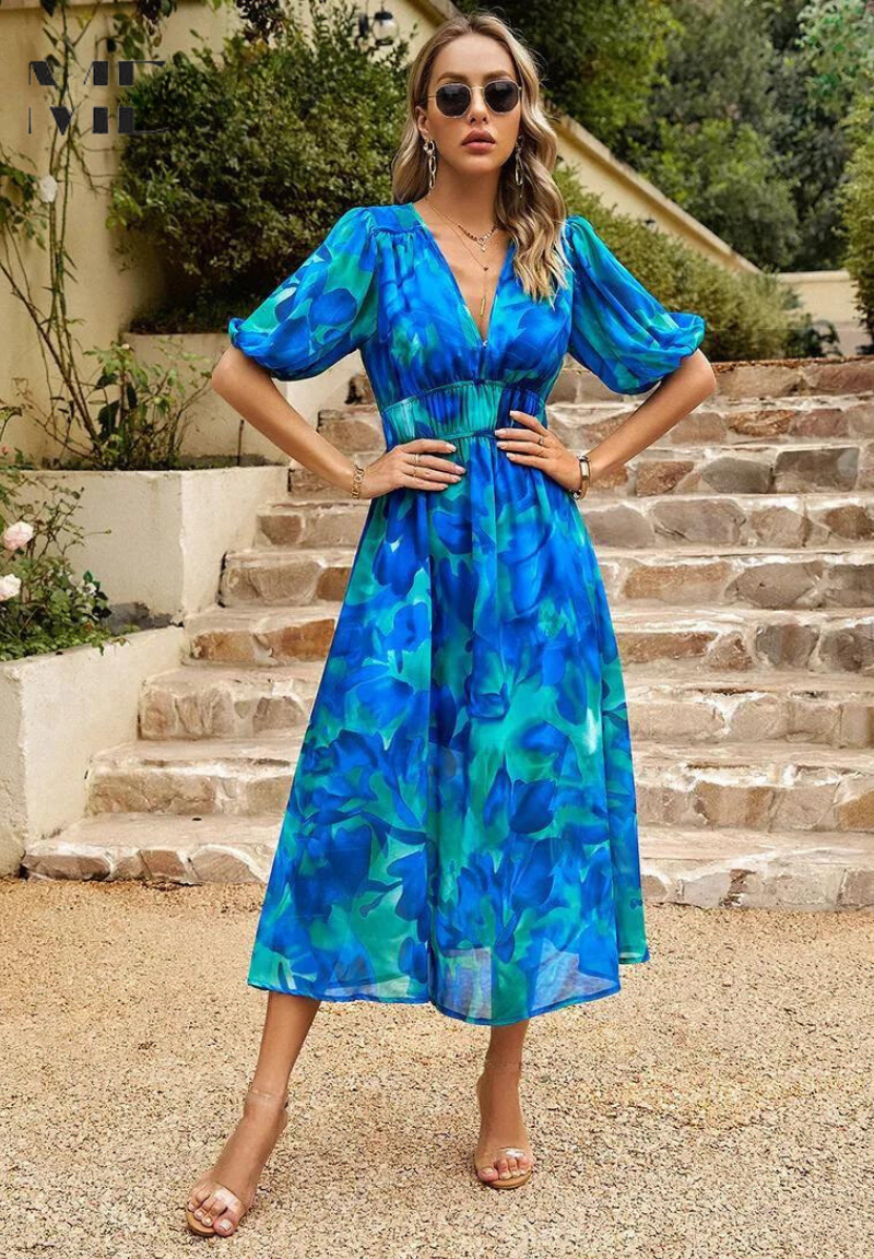 Image of Women's V-Neck Floral A-Line Midi Dress