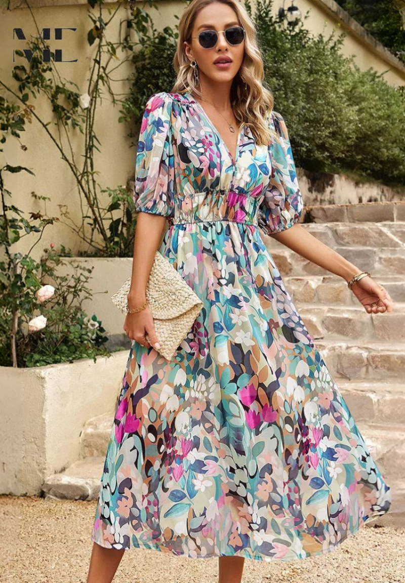 Image of Women's V-Neck Floral A-Line Midi Dress