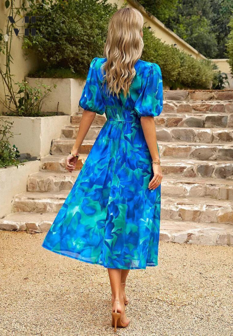 Image of Women's V-Neck Floral A-Line Midi Dress