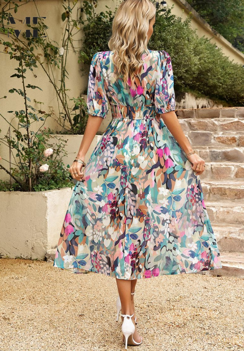 Image of Women's V-Neck Floral A-Line Midi Dress