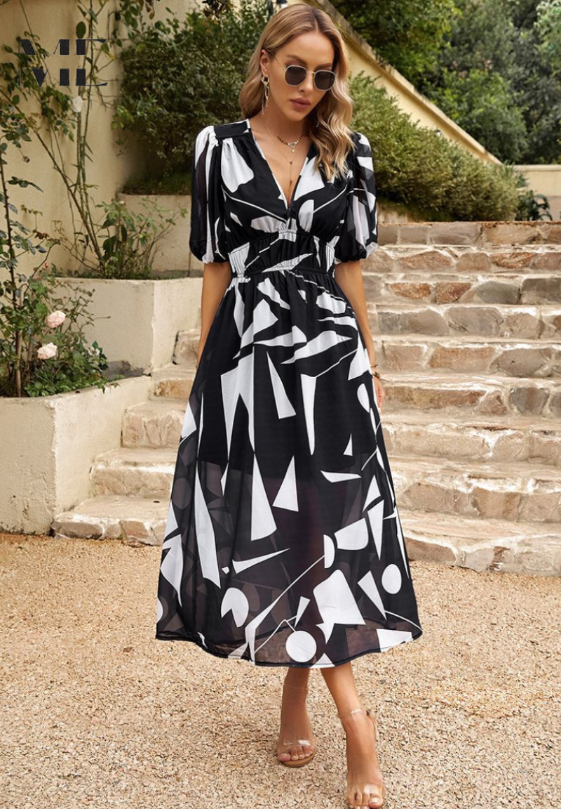 Image of Women's V-Neck Floral A-Line Midi Dress
