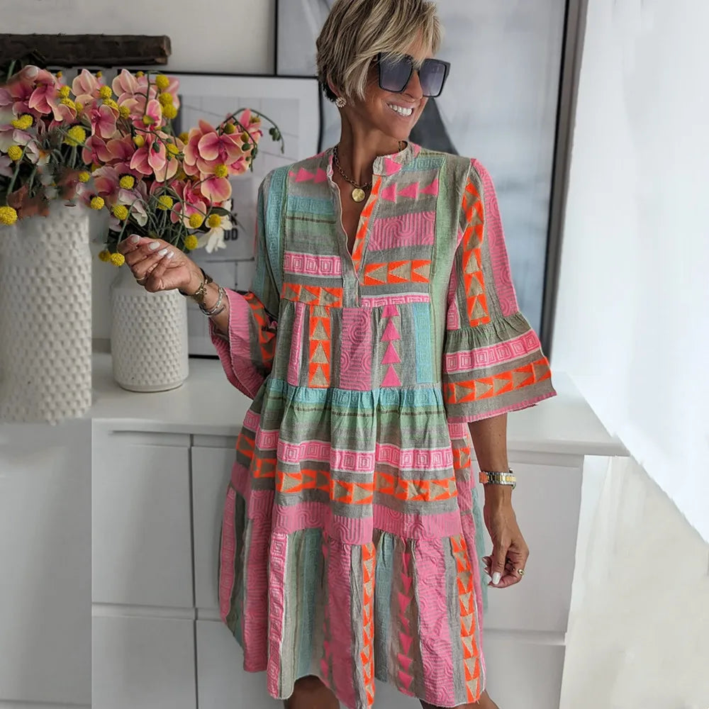 Image of Women's V-Neck Tiered A-Line Mini Dress