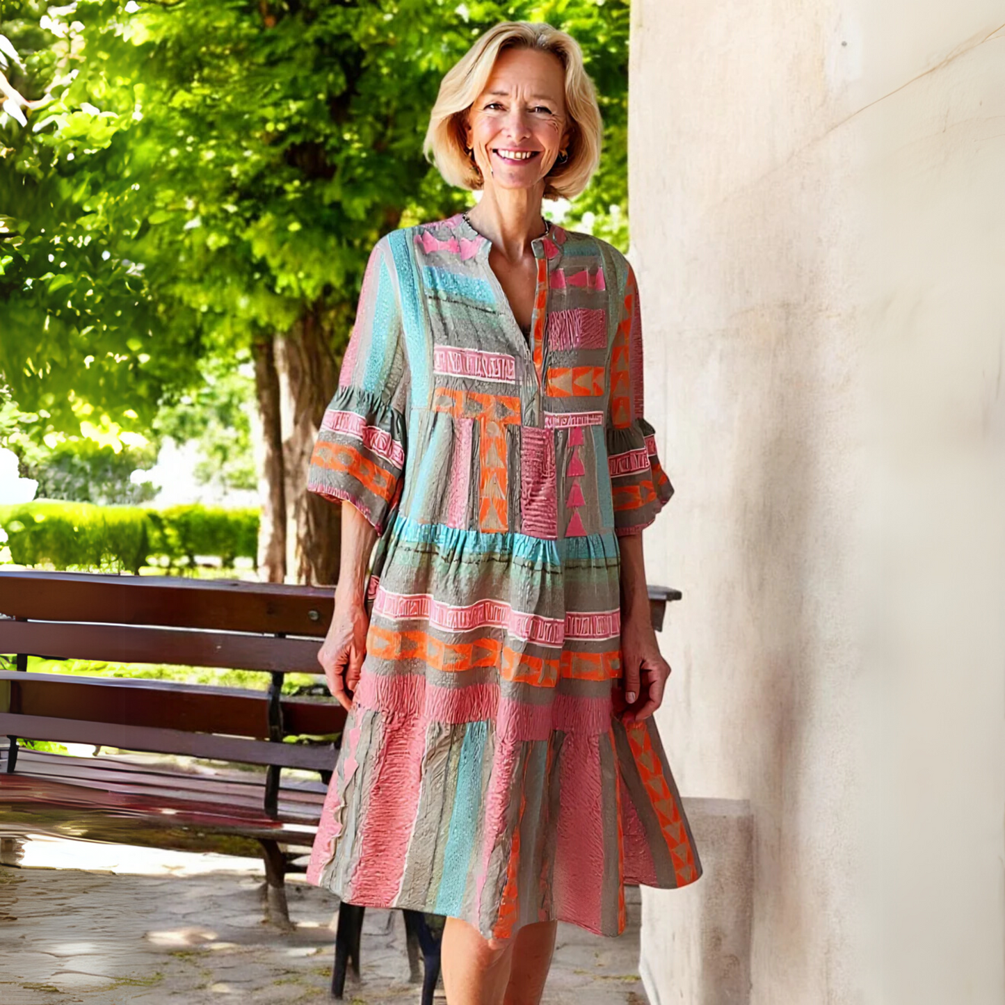 Image of Women's V-Neck Tiered A-Line Mini Dress