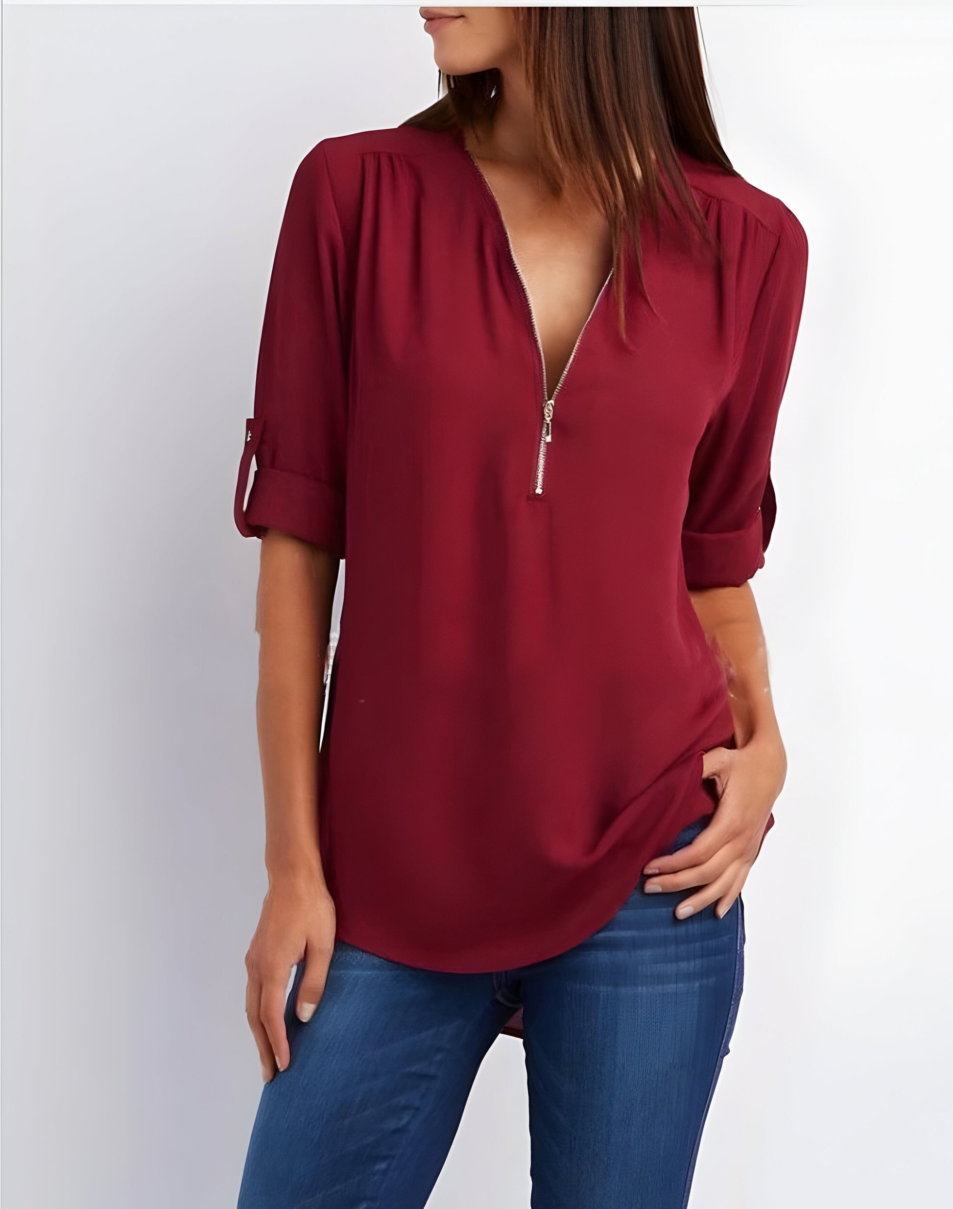 Image of Women's Zipper Front Roll Tab Sleeve Blouse