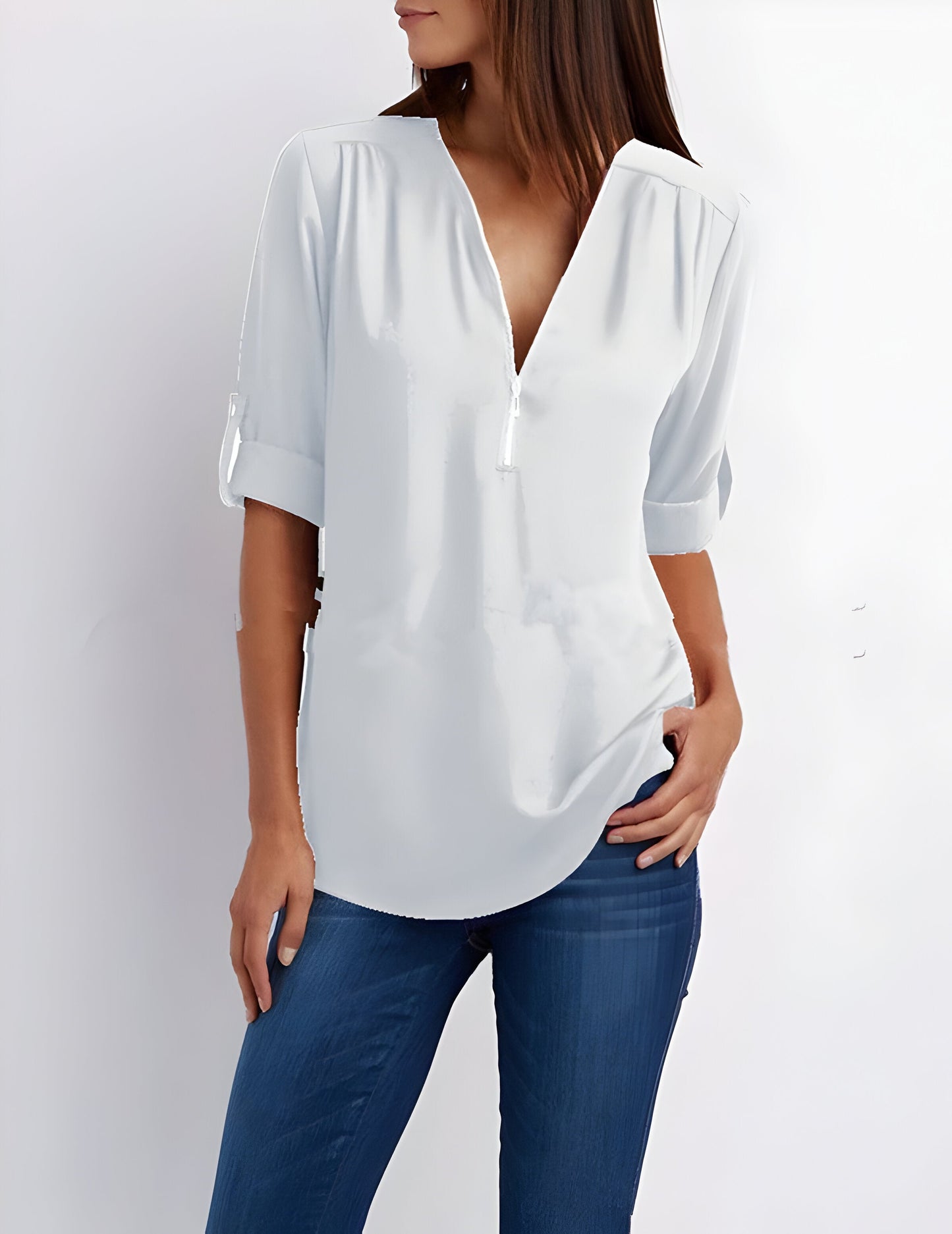 Image of Women's Zipper Front Roll Tab Sleeve Blouse