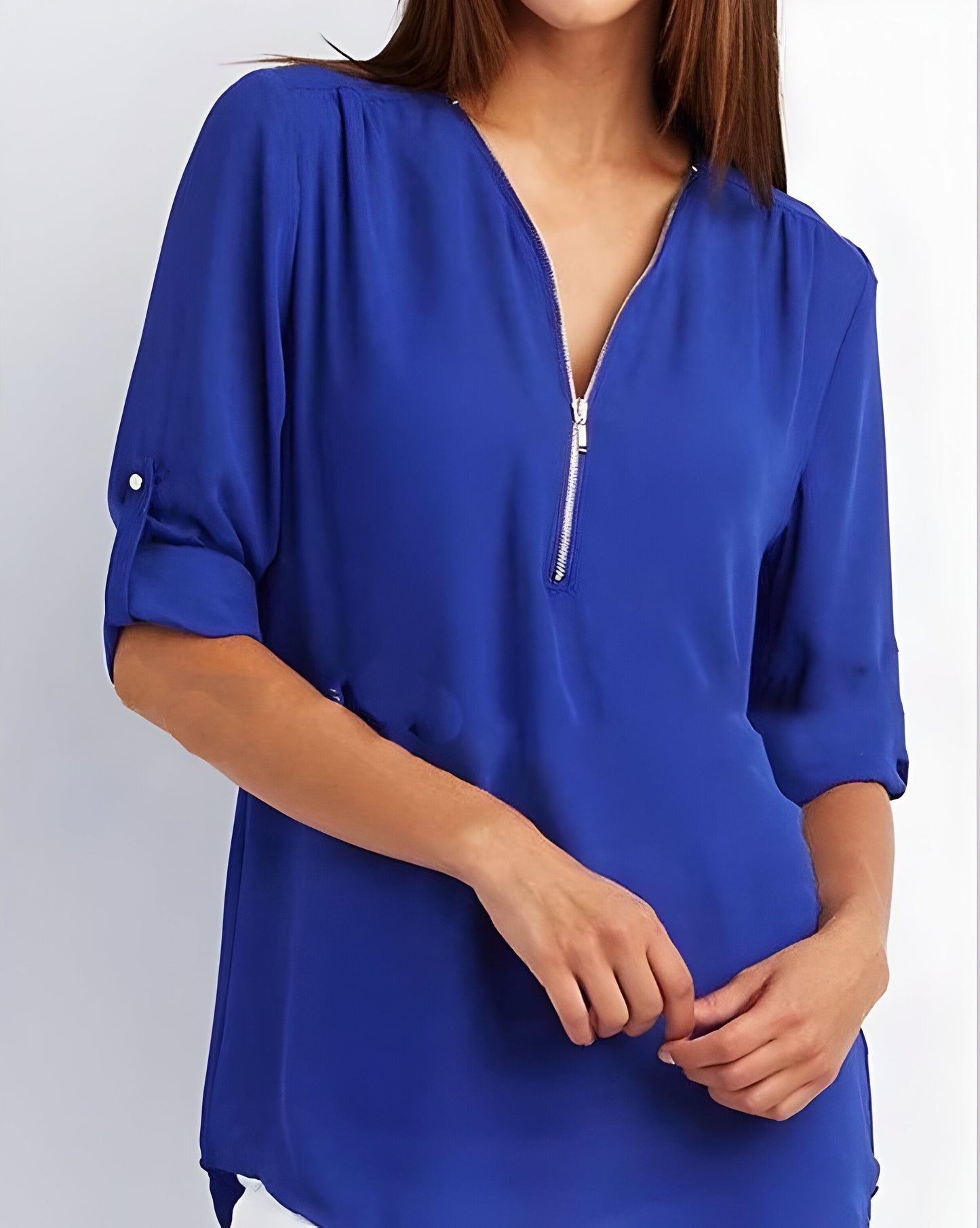 Image of Women's Zipper Front Roll Tab Sleeve Blouse