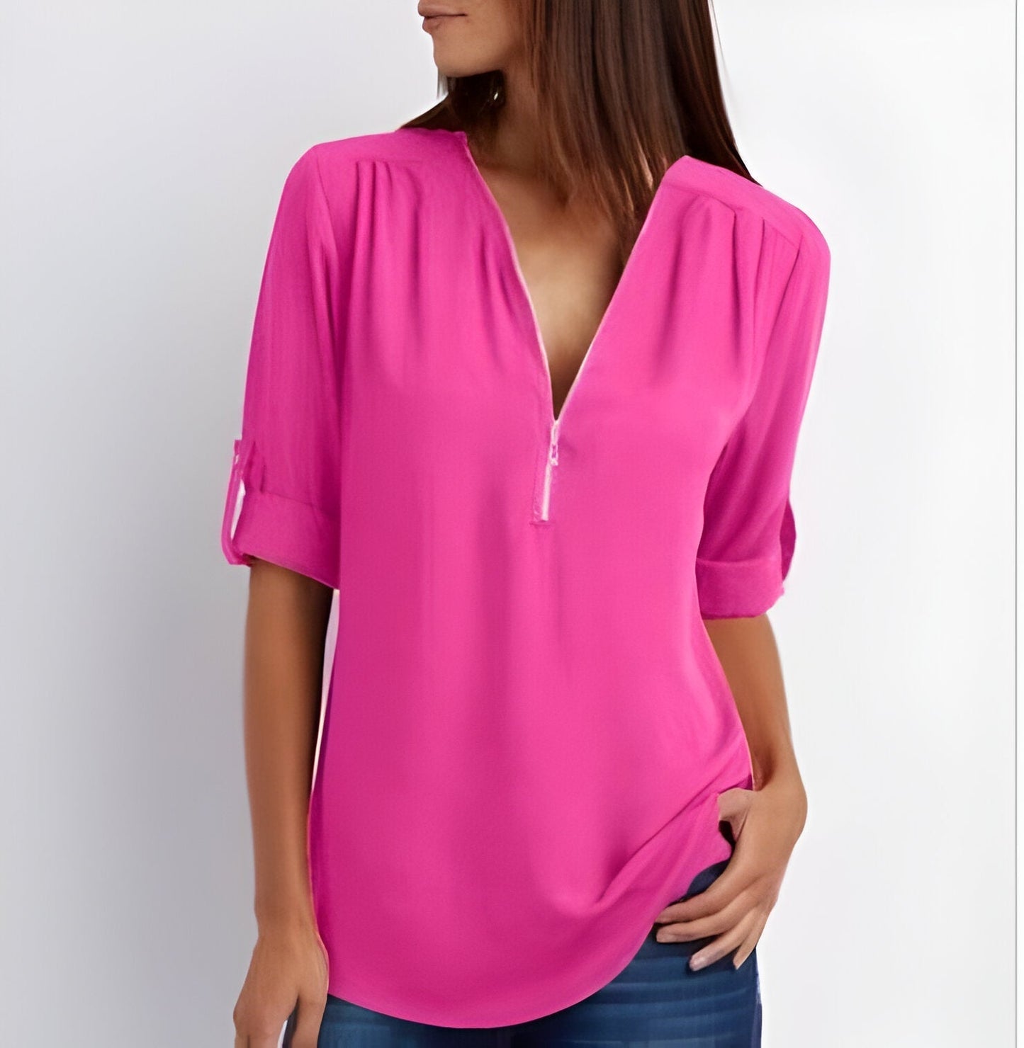 Image of Women's Zipper Front Roll Tab Sleeve Blouse