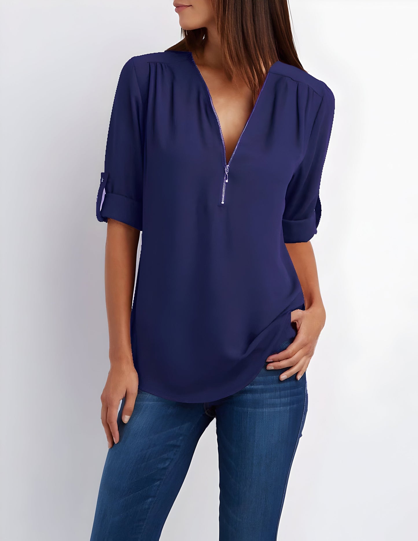 Image of Women's Zipper Front Roll Tab Sleeve Blouse
