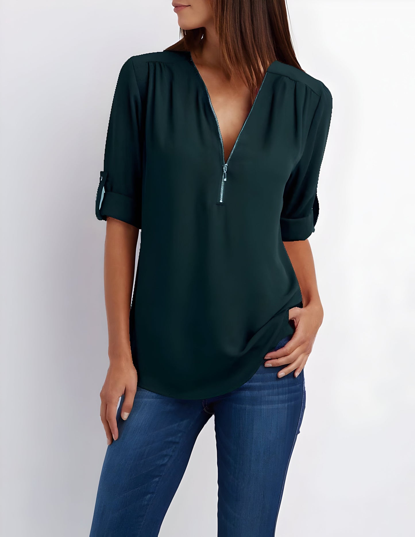 Image of Women's Zipper Front Roll Tab Sleeve Blouse