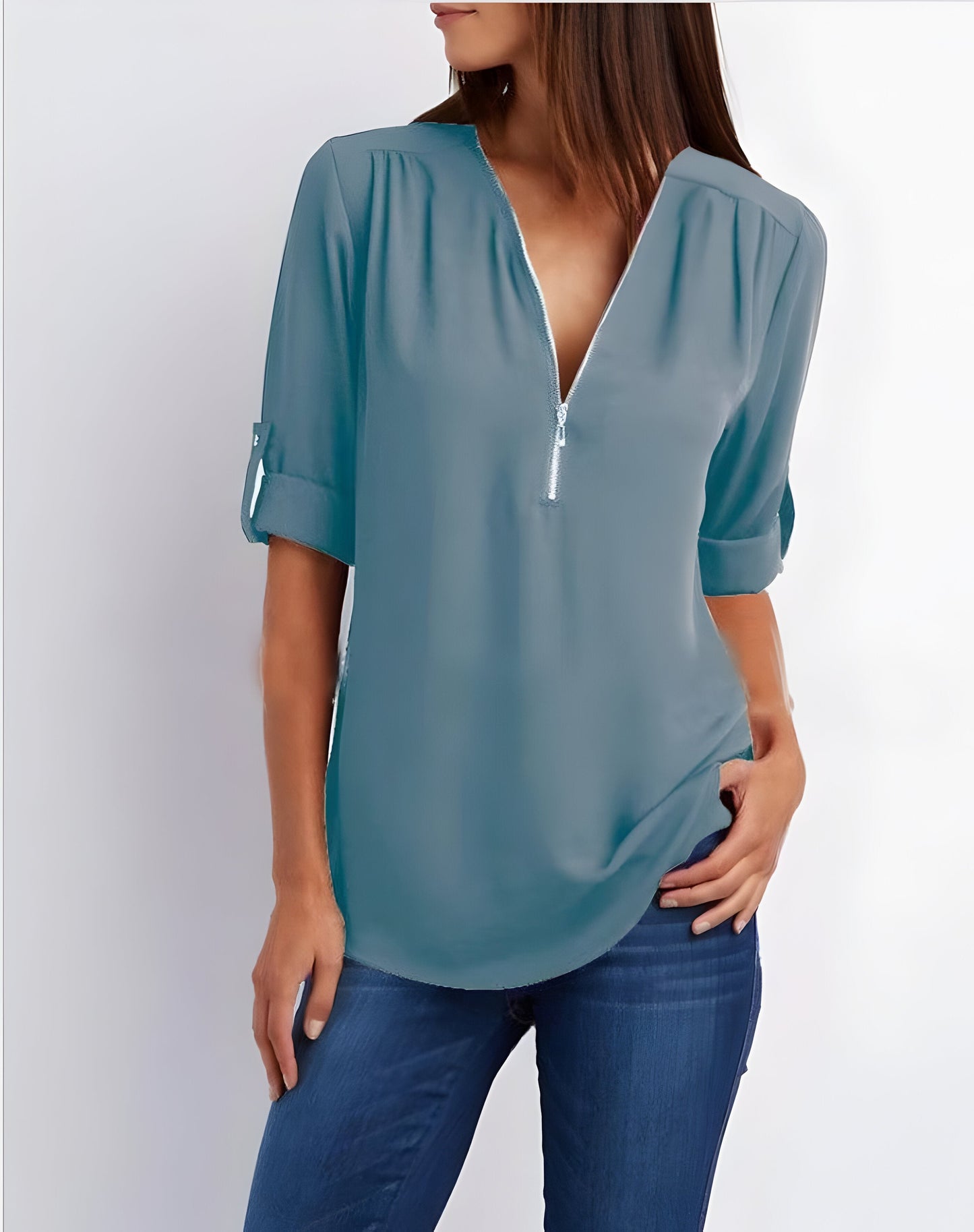 Image of Women's Zipper Front Roll Tab Sleeve Blouse