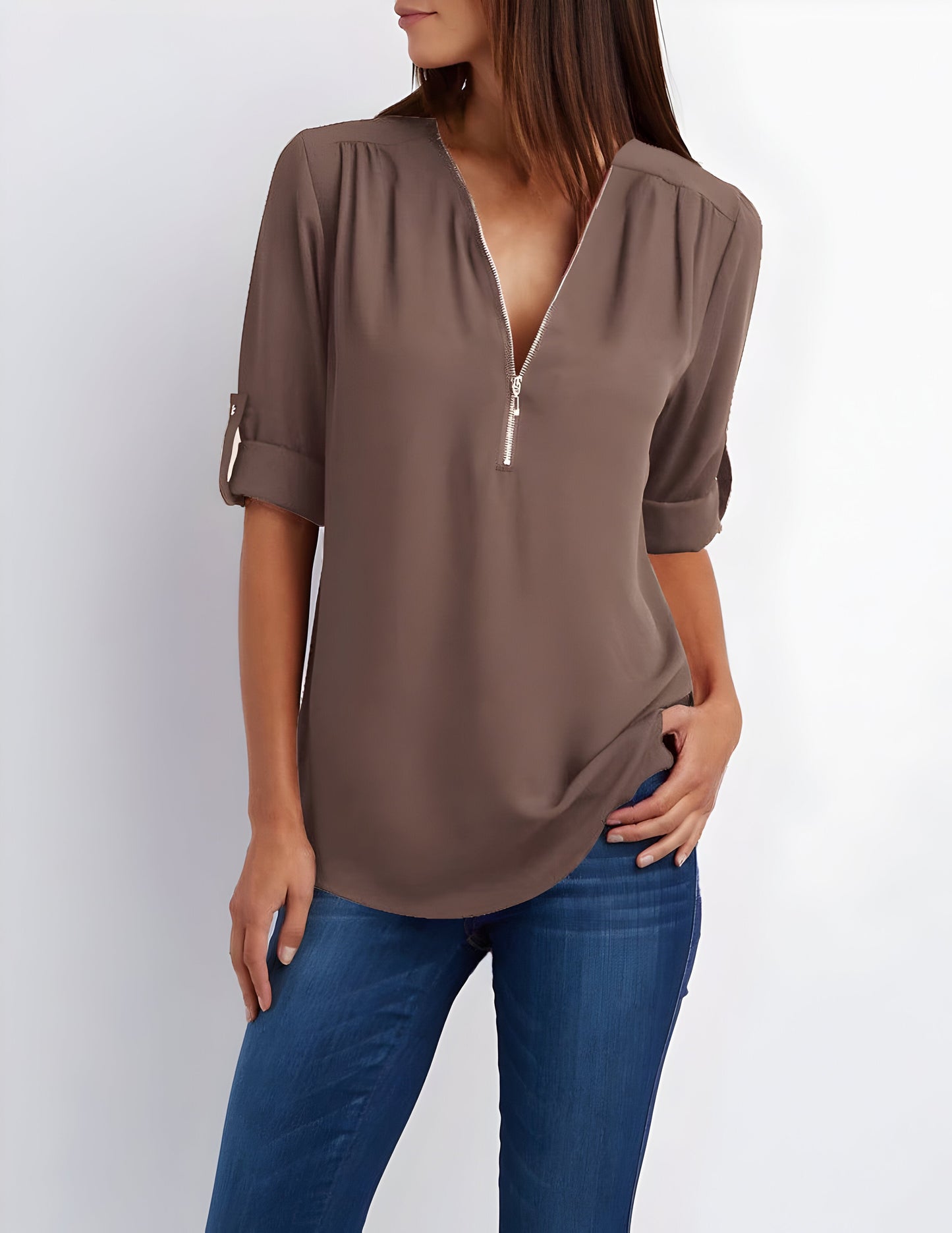 Image of Women's Zipper Front Roll Tab Sleeve Blouse