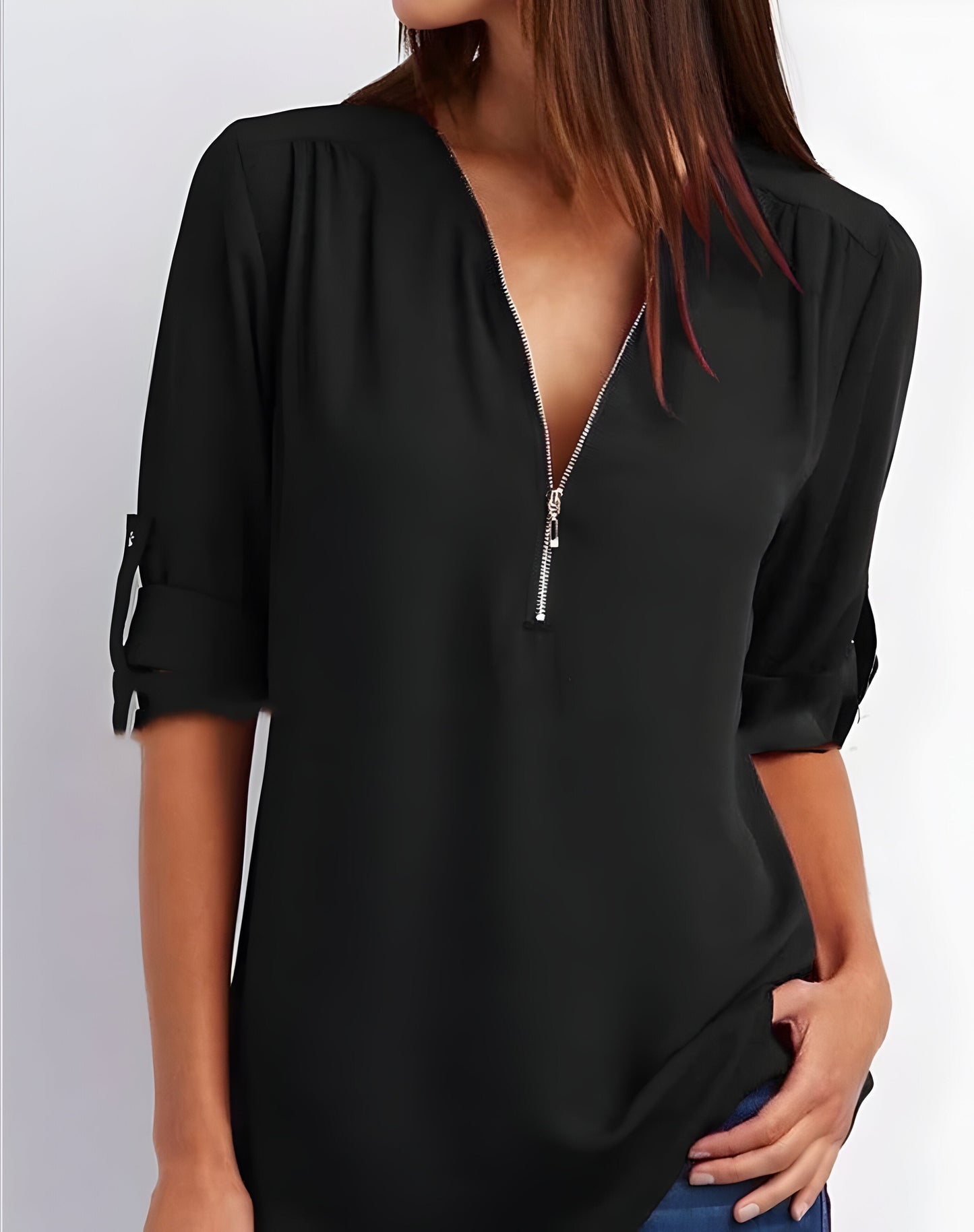 Image of Women's Zipper Front Roll Tab Sleeve Blouse