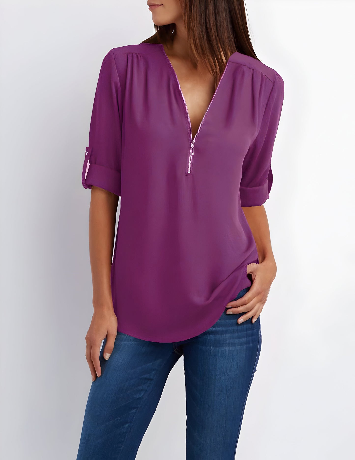 Image of Women's Zipper Front Roll Tab Sleeve Blouse