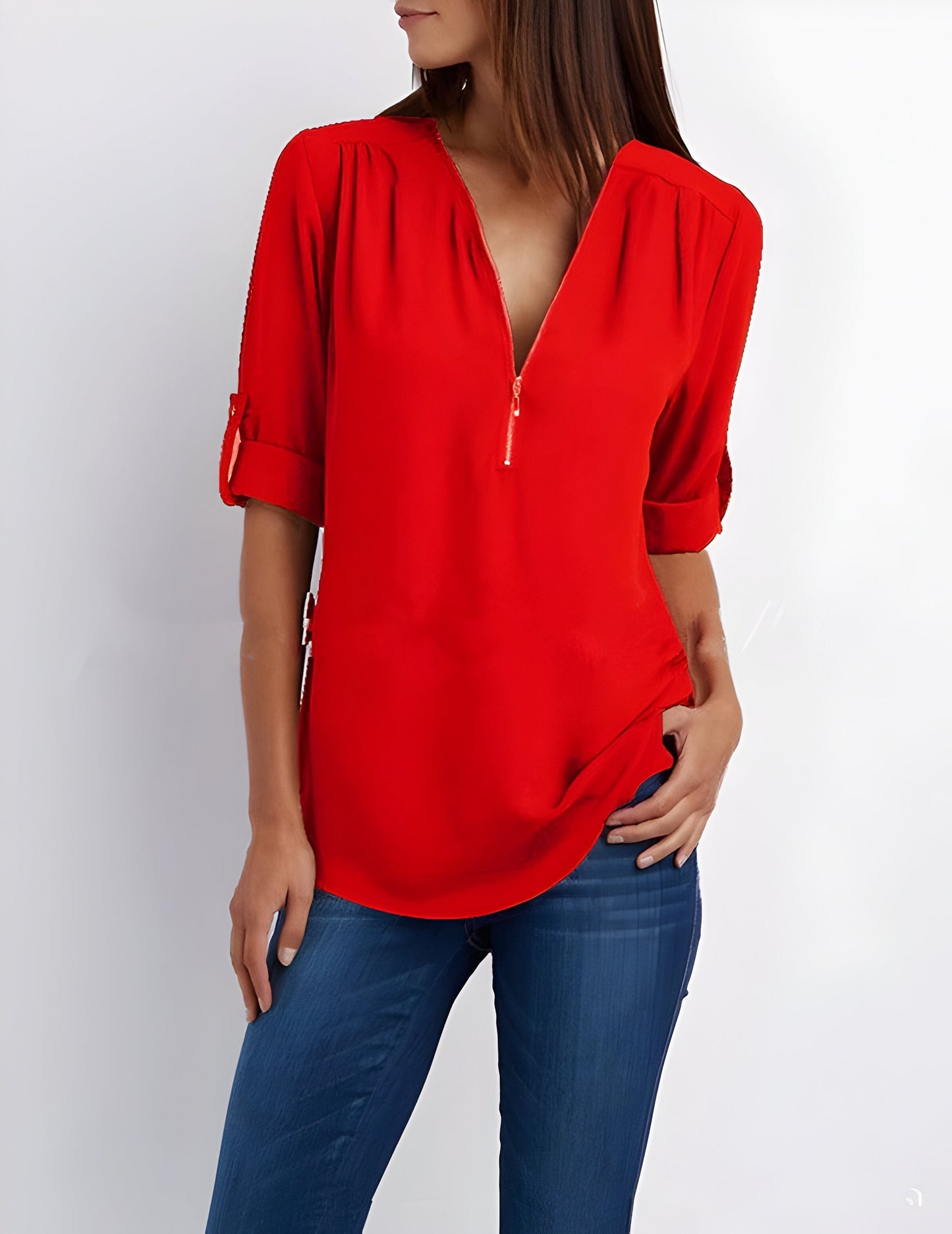 Image of Women's Zipper Front Roll Tab Sleeve Blouse