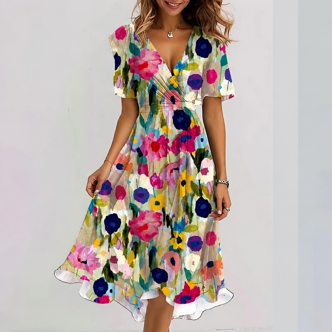 Women's Floral Wrap Midi Dress - Image 1