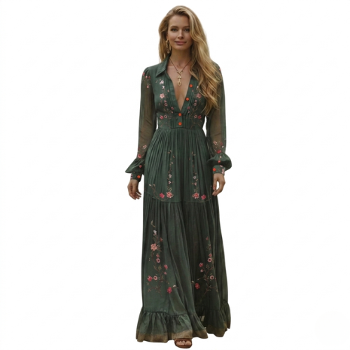 Women's Long-Sleeve Boho Maxi Dress - Image 1